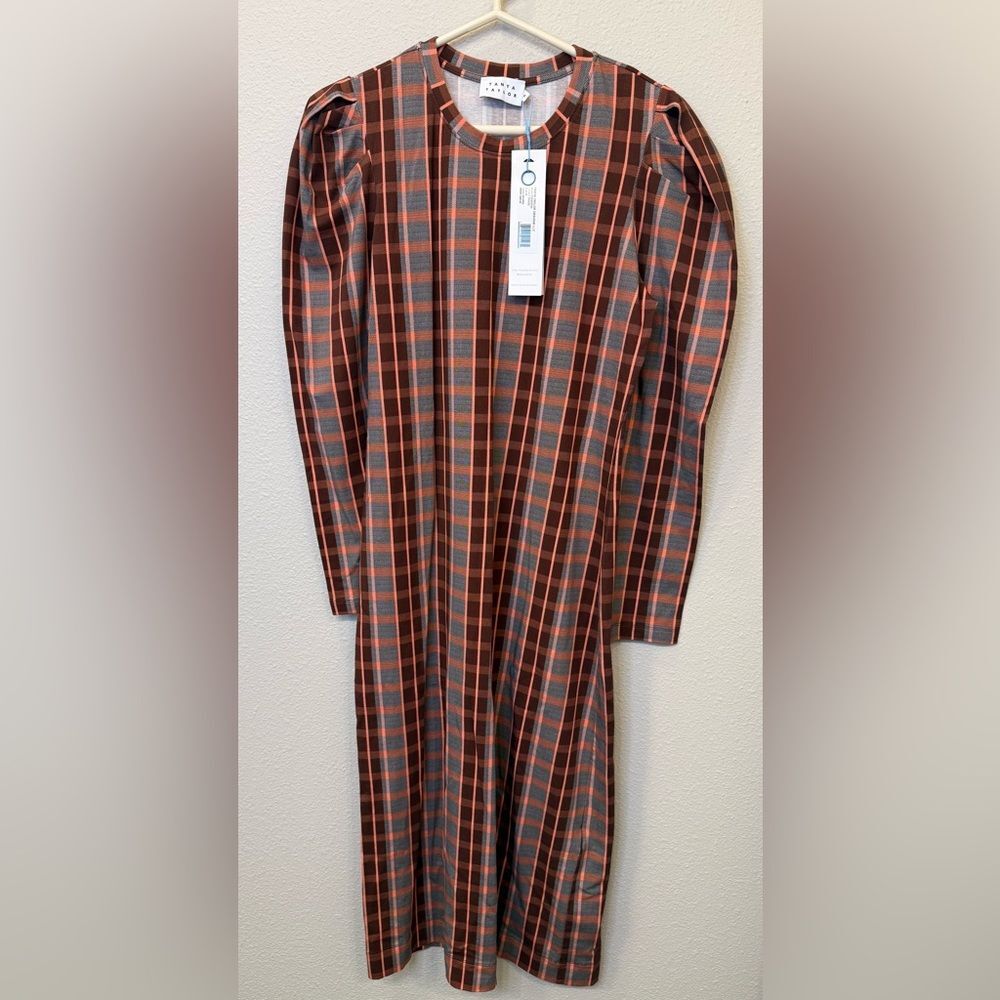 Tanya Taylor Maroon|Peachy Pink|Baby Blue Plaid Puff-Sleeve Midi Dress - Medium - Picture 2 of 7